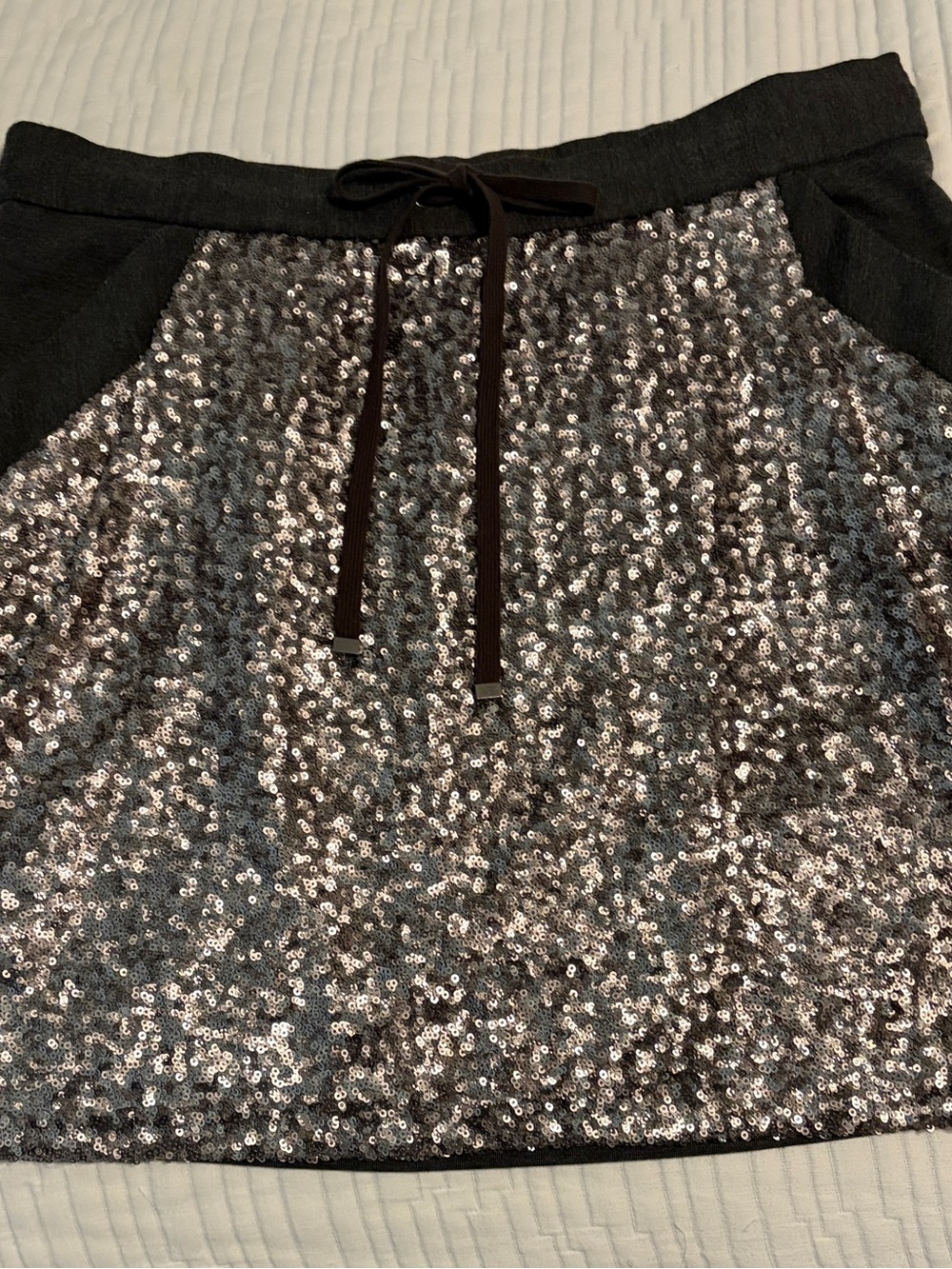 Ann Taylor Silver Sequin Mini Skirt with Black Waistband